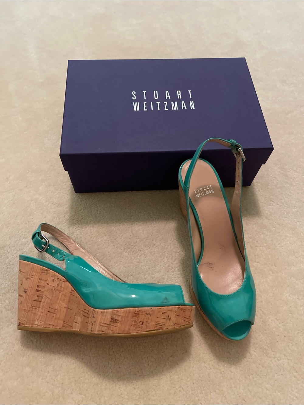 Stuart Weitzman Teal Patent Cork Wedge Slingbacks